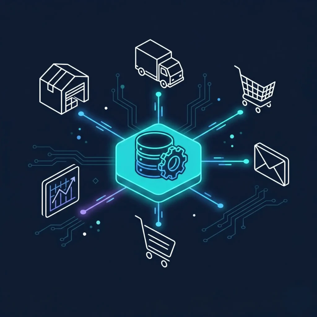 Schemat integracji systemu ERP z magazynem, kurierami, e-commerce i klientem